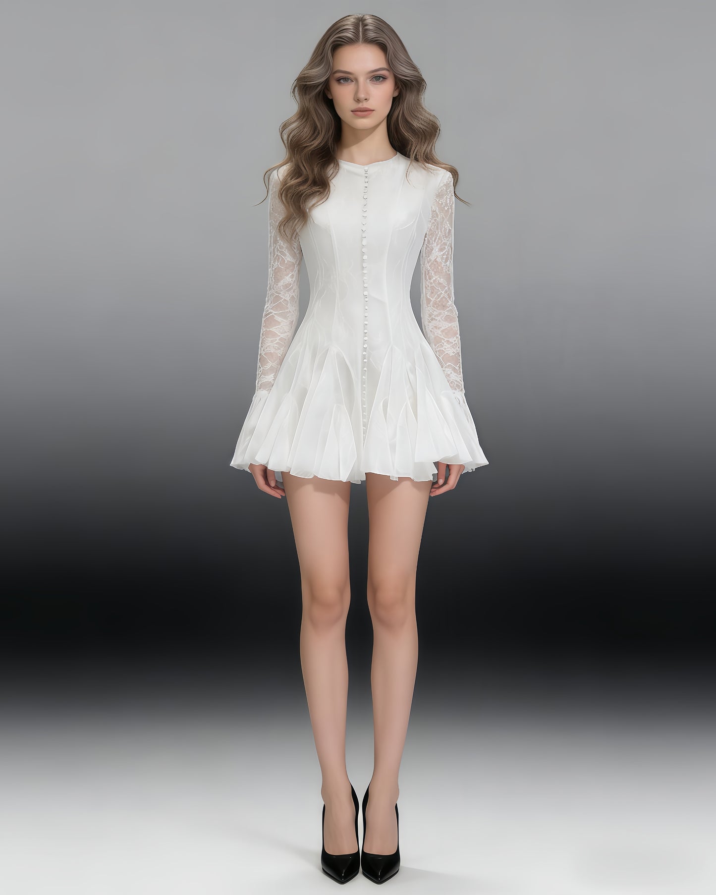 White Lace Fitted Ruffle Mini Dress