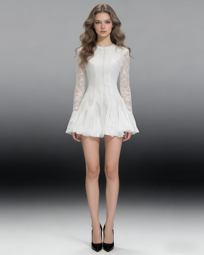 White Lace Fitted Ruffle Mini Dress