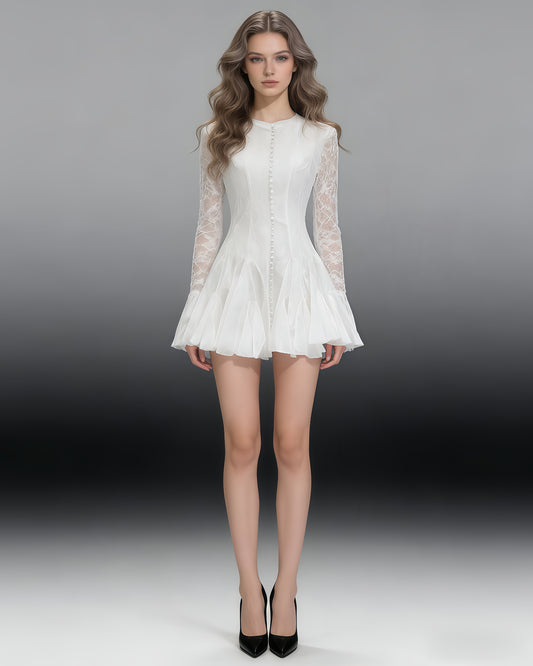 White Lace Fitted Ruffle Mini Dress
