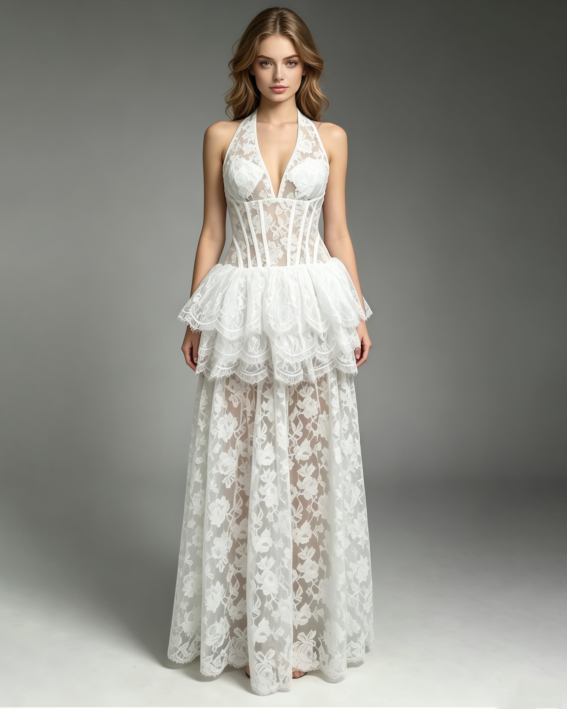 White Lace Halter Corset Tiered Peplum Maxi Dress – SISPELL