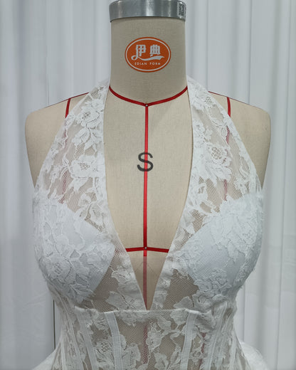 White Lace Halter Corset Tiered Peplum Maxi Dress