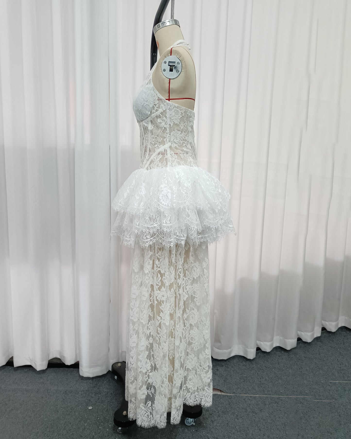 White Lace Halter Corset Tiered Peplum Maxi Dress