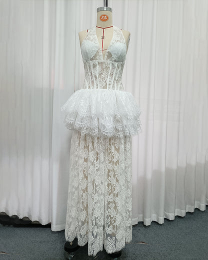 White Lace Halter Corset Tiered Peplum Maxi Dress