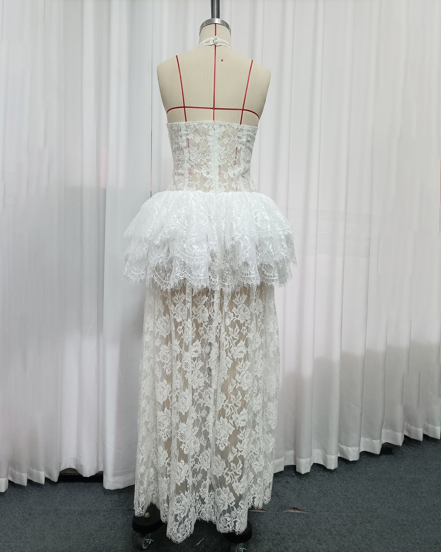 White Lace Halter Corset Tiered Peplum Maxi Dress