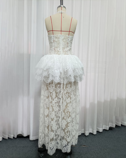 White Lace Halter Corset Tiered Peplum Maxi Dress