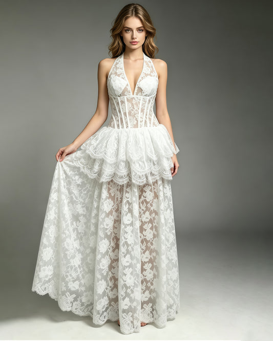 White Lace Halter Corset Tiered Peplum Maxi Dress