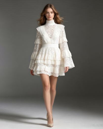 White Lace High Neck Ruffle Long Sleeve Mini Dress
