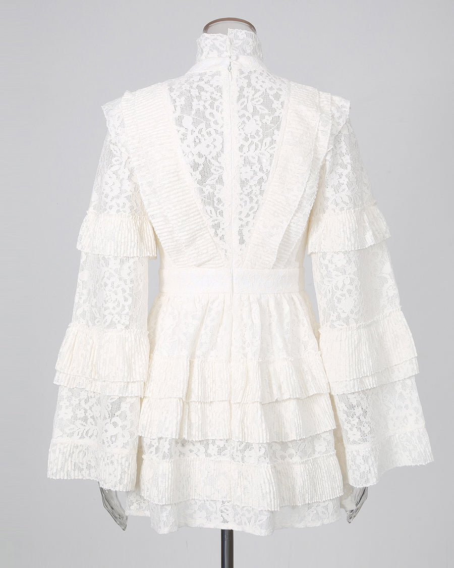 White Lace High Neck Ruffle Long Sleeve Mini Dress