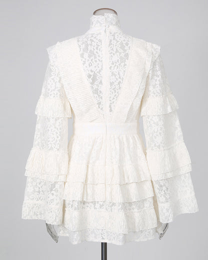 White Lace High Neck Ruffle Long Sleeve Mini Dress