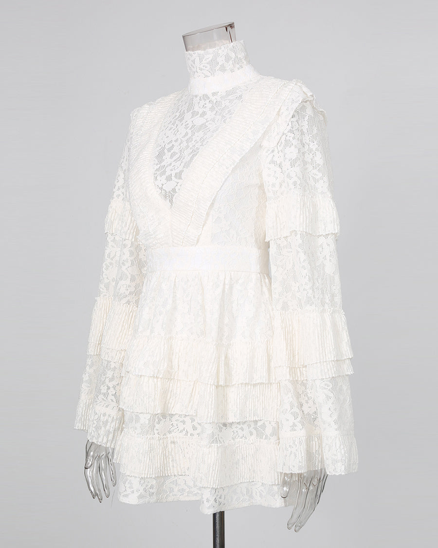 White Lace High Neck Ruffle Long Sleeve Mini Dress
