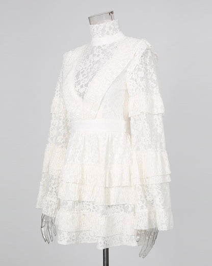 White Lace High Neck Ruffle Long Sleeve Mini Dress