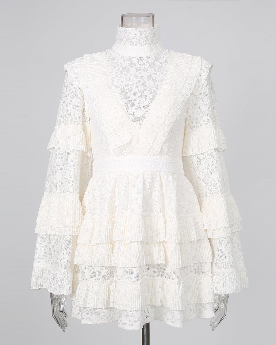 White Lace High Neck Ruffle Long Sleeve Mini Dress
