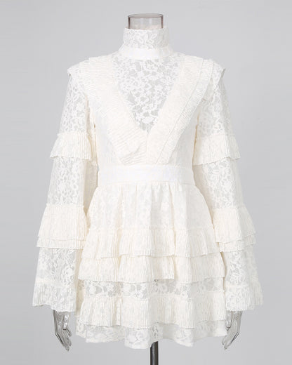 White Lace High Neck Ruffle Long Sleeve Mini Dress