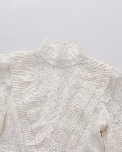 White Lace High Neck Ruffle Long Sleeve Mini Dress