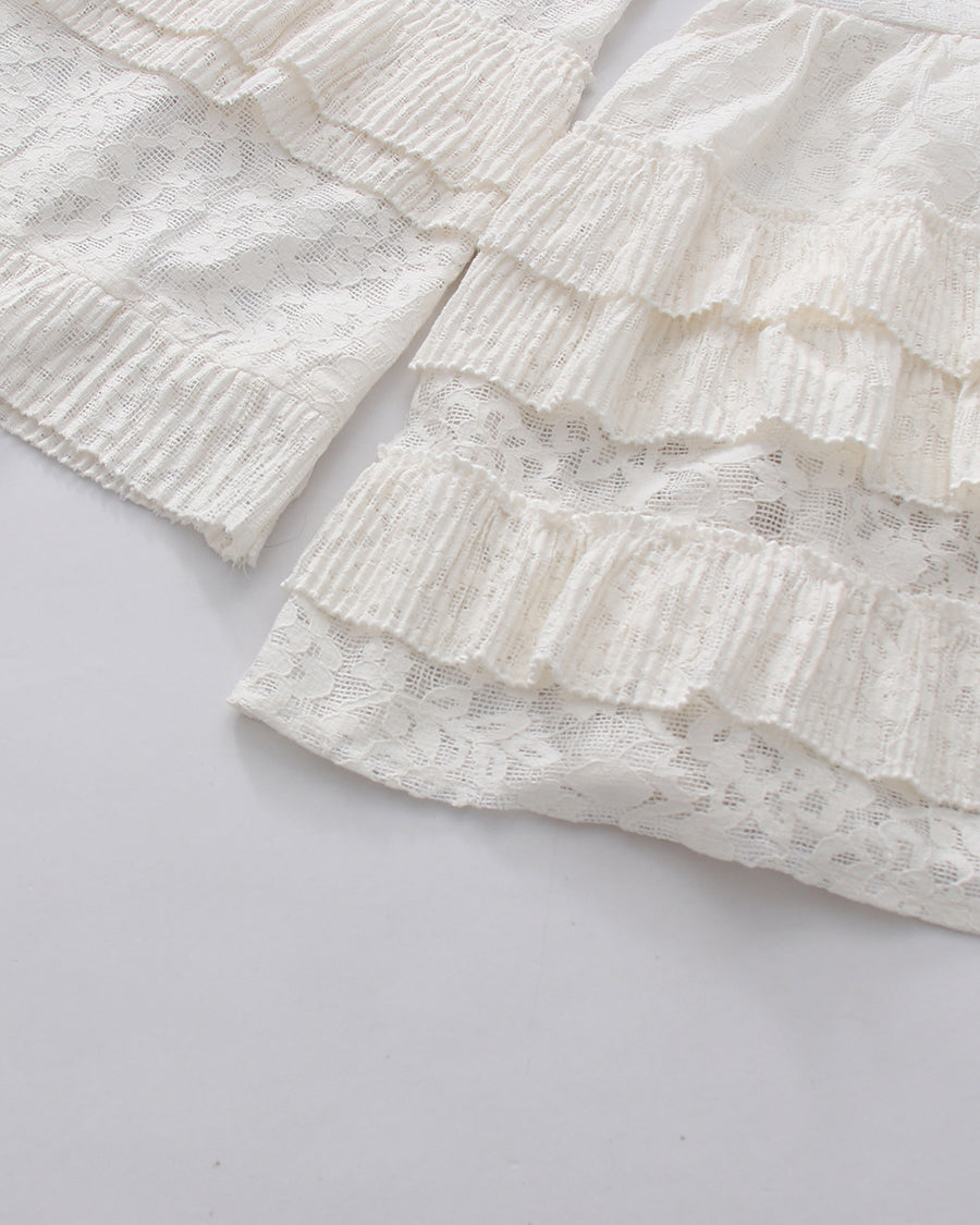 White Lace High Neck Ruffle Long Sleeve Mini Dress