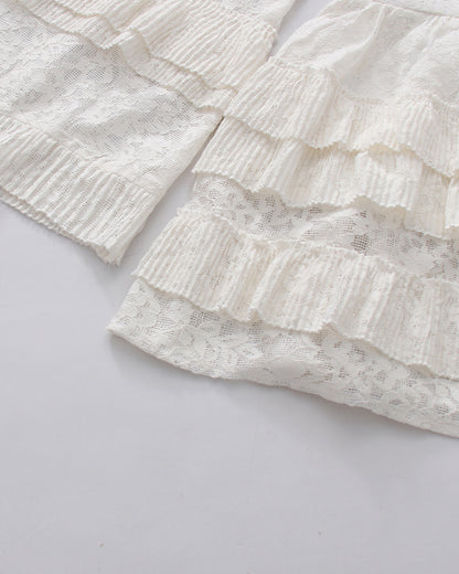 White Lace High Neck Ruffle Long Sleeve Mini Dress