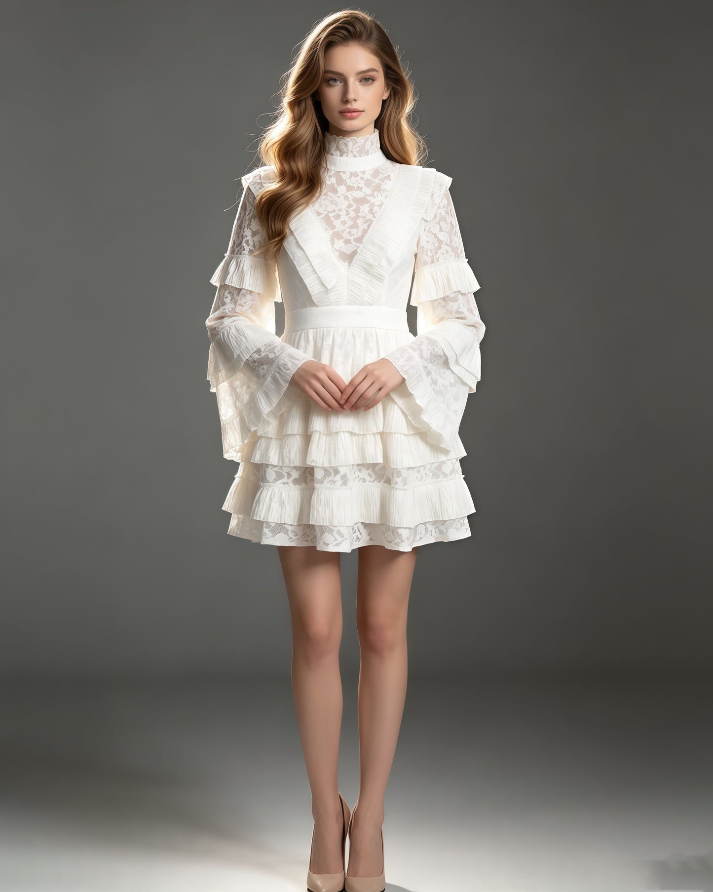 White Lace High Neck Ruffle Long Sleeve Mini Dress