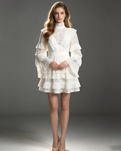 White Lace High Neck Ruffle Long Sleeve Mini Dress