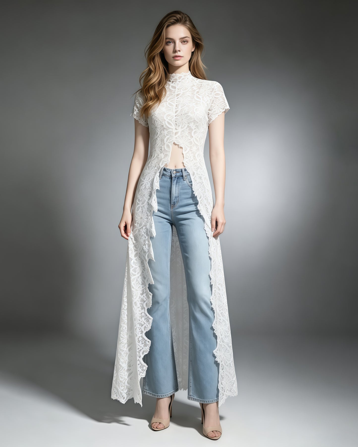 White Lace High Neck Short Sleeve Long Top