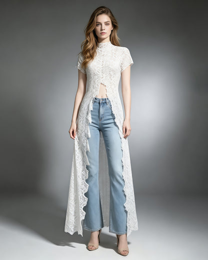 White Lace High Neck Short Sleeve Long Top