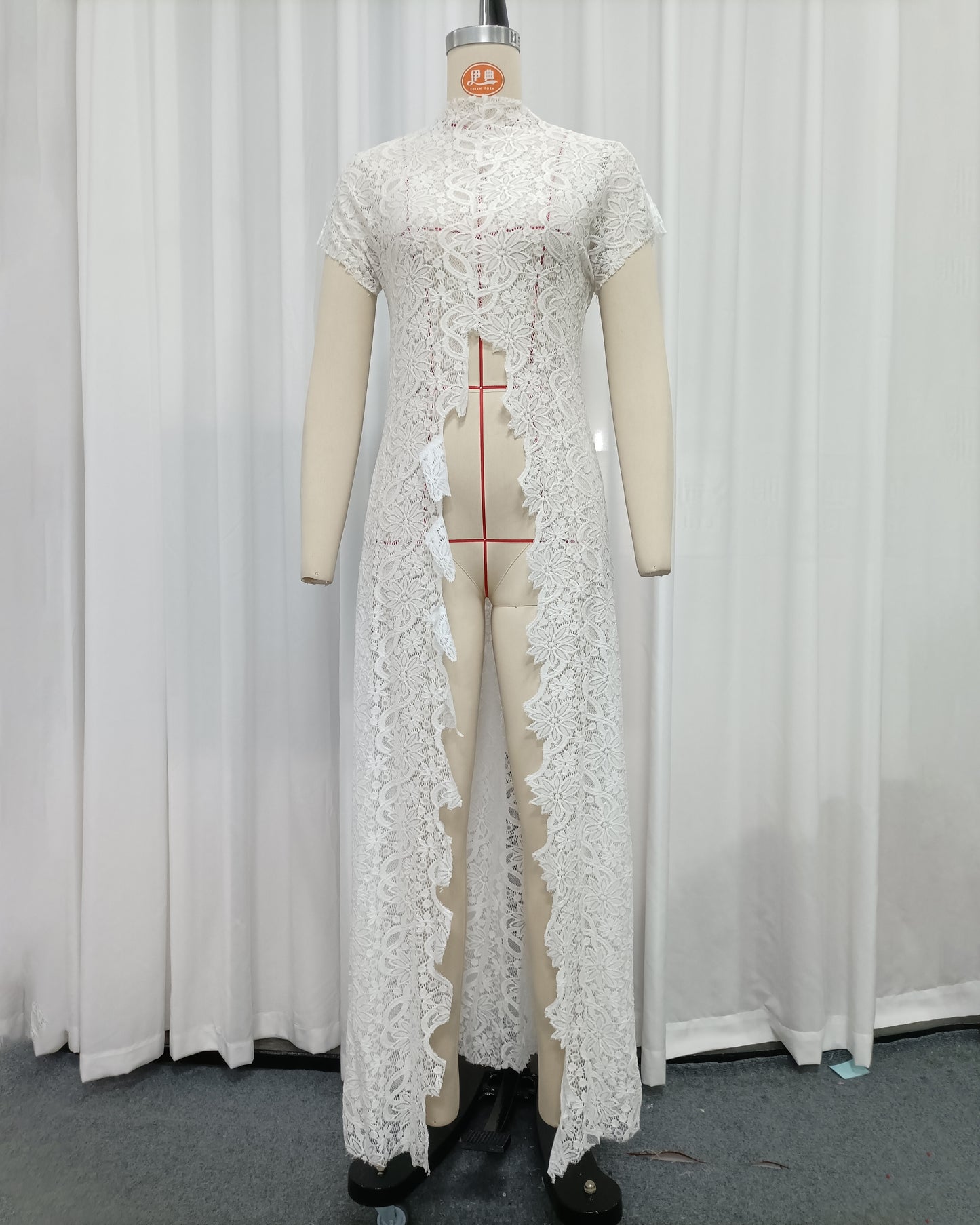 White Lace High Neck Short Sleeve Long Top