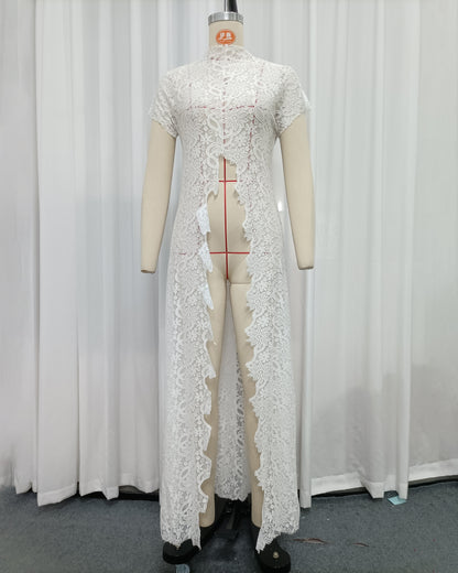 White Lace High Neck Short Sleeve Long Top