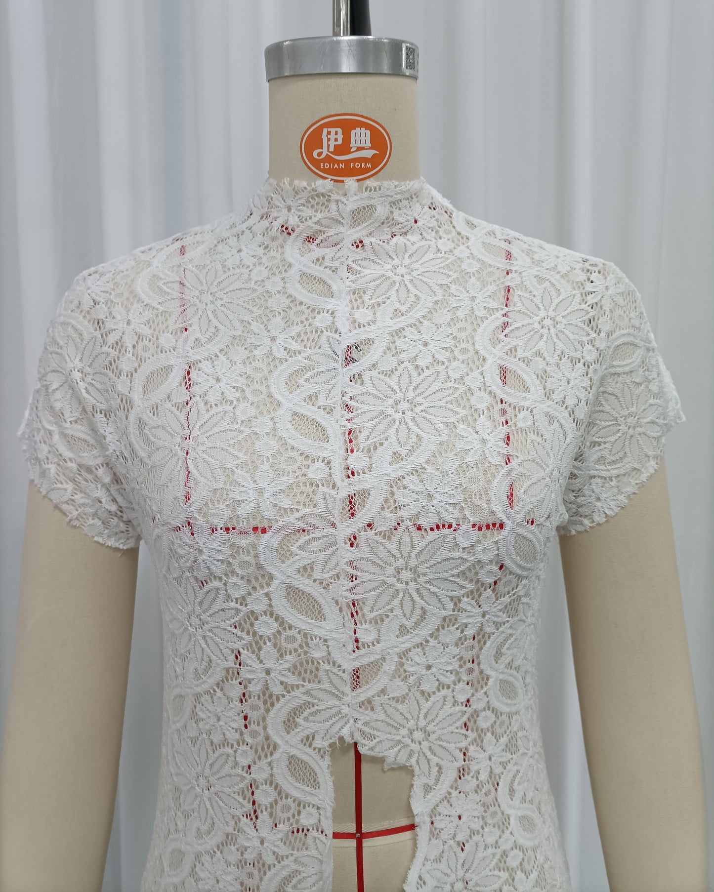 White Lace High Neck Short Sleeve Long Top