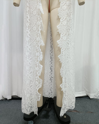 White Lace High Neck Short Sleeve Long Top