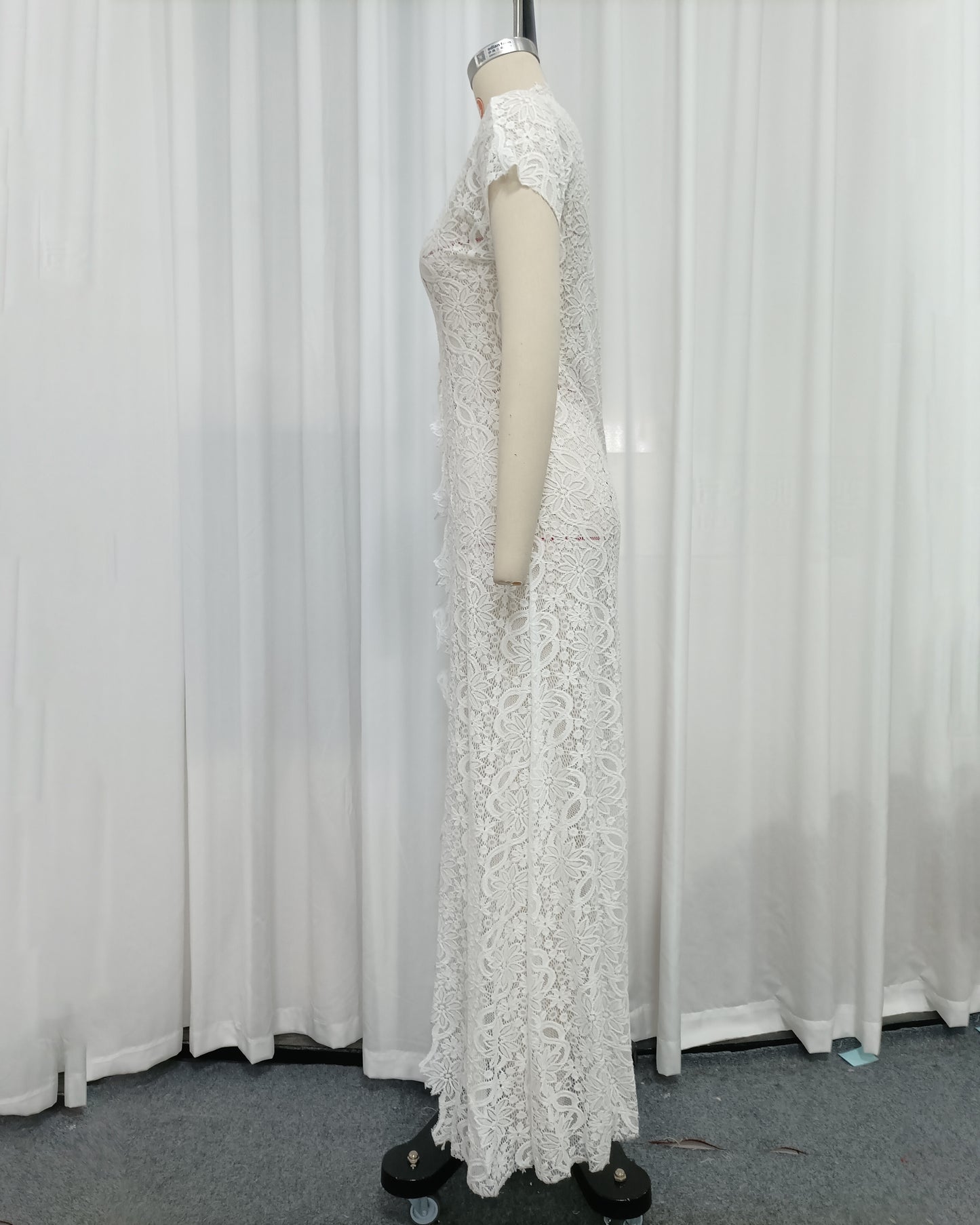 White Lace High Neck Short Sleeve Long Top
