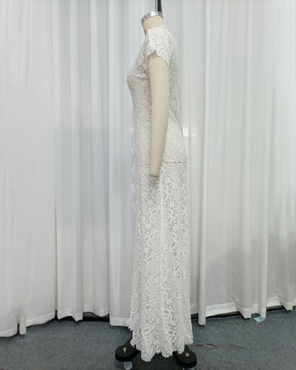 White Lace High Neck Short Sleeve Long Top