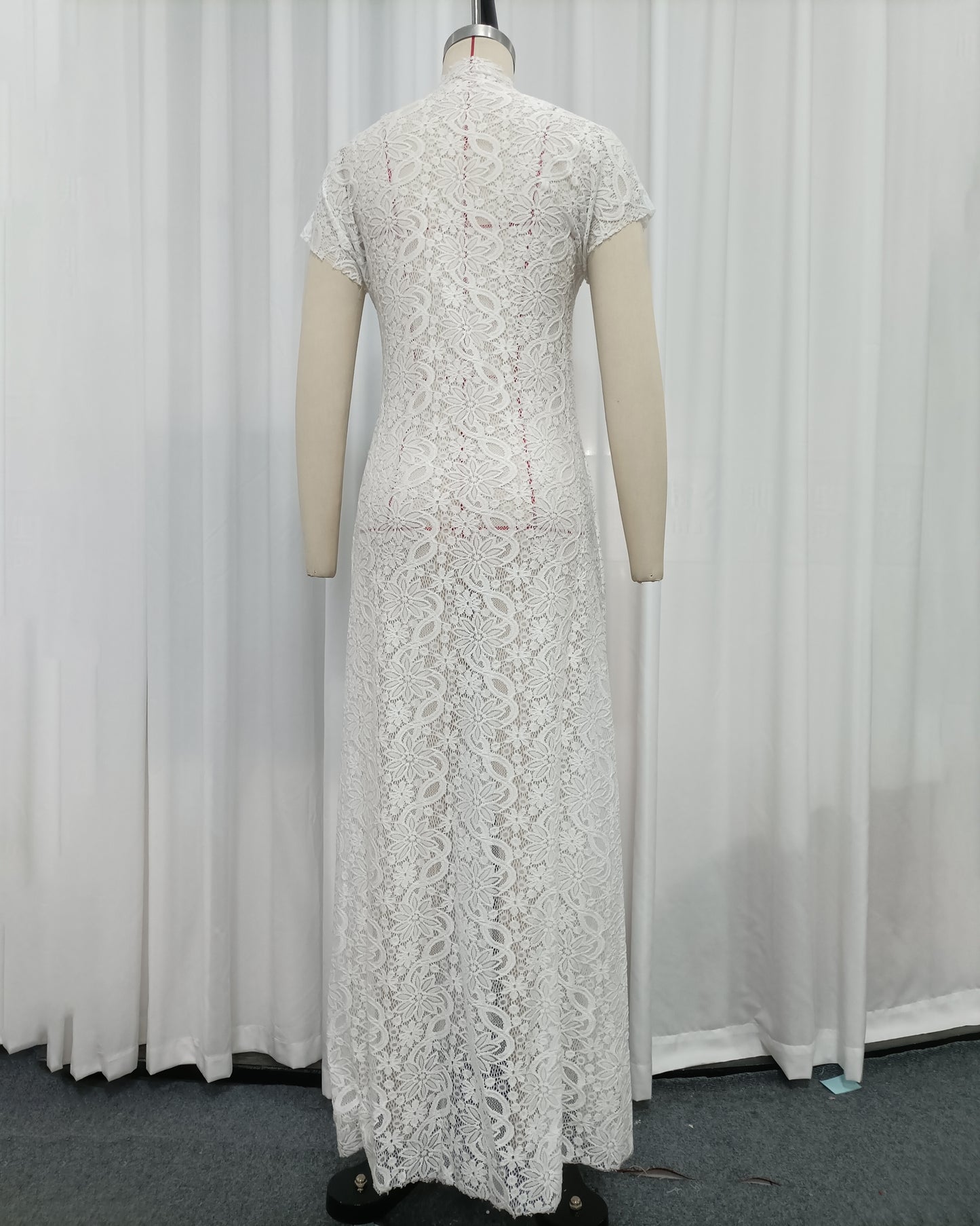 White Lace High Neck Short Sleeve Long Top
