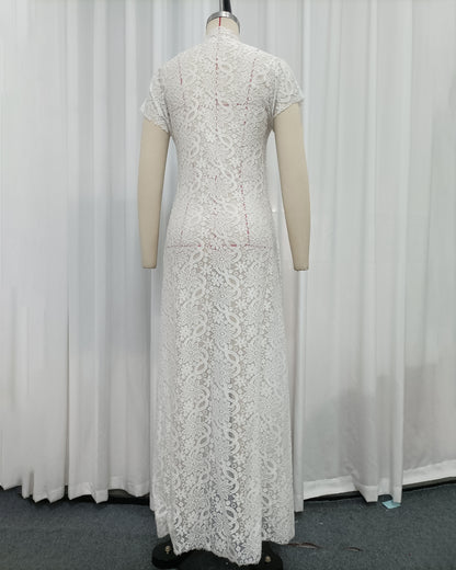 White Lace High Neck Short Sleeve Long Top