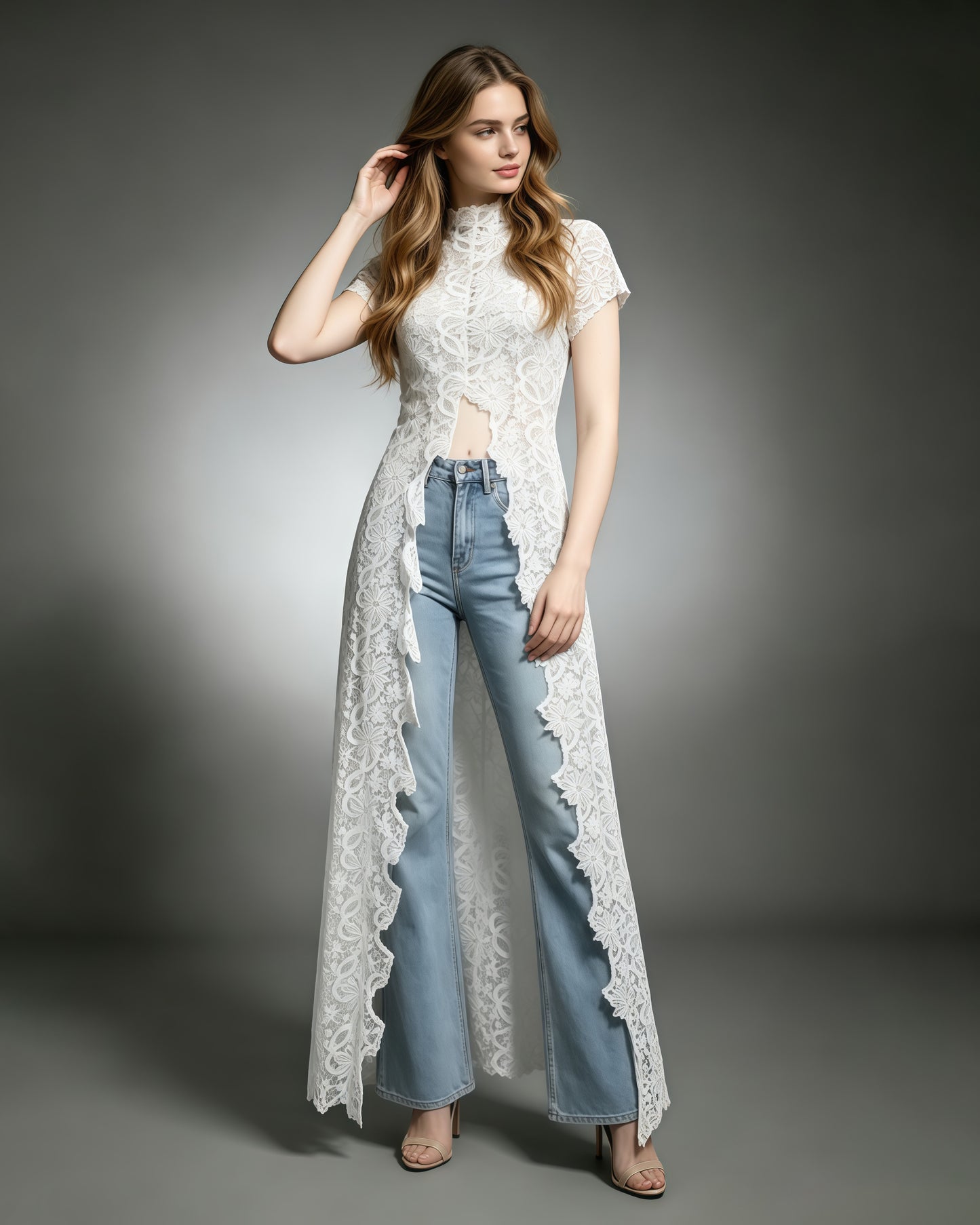 White Lace High Neck Short Sleeve Long Top