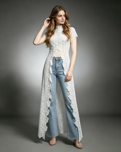 White Lace High Neck Short Sleeve Long Top
