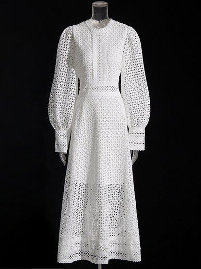 White Lace Hollow-Out Long Sleeve Midi Dress