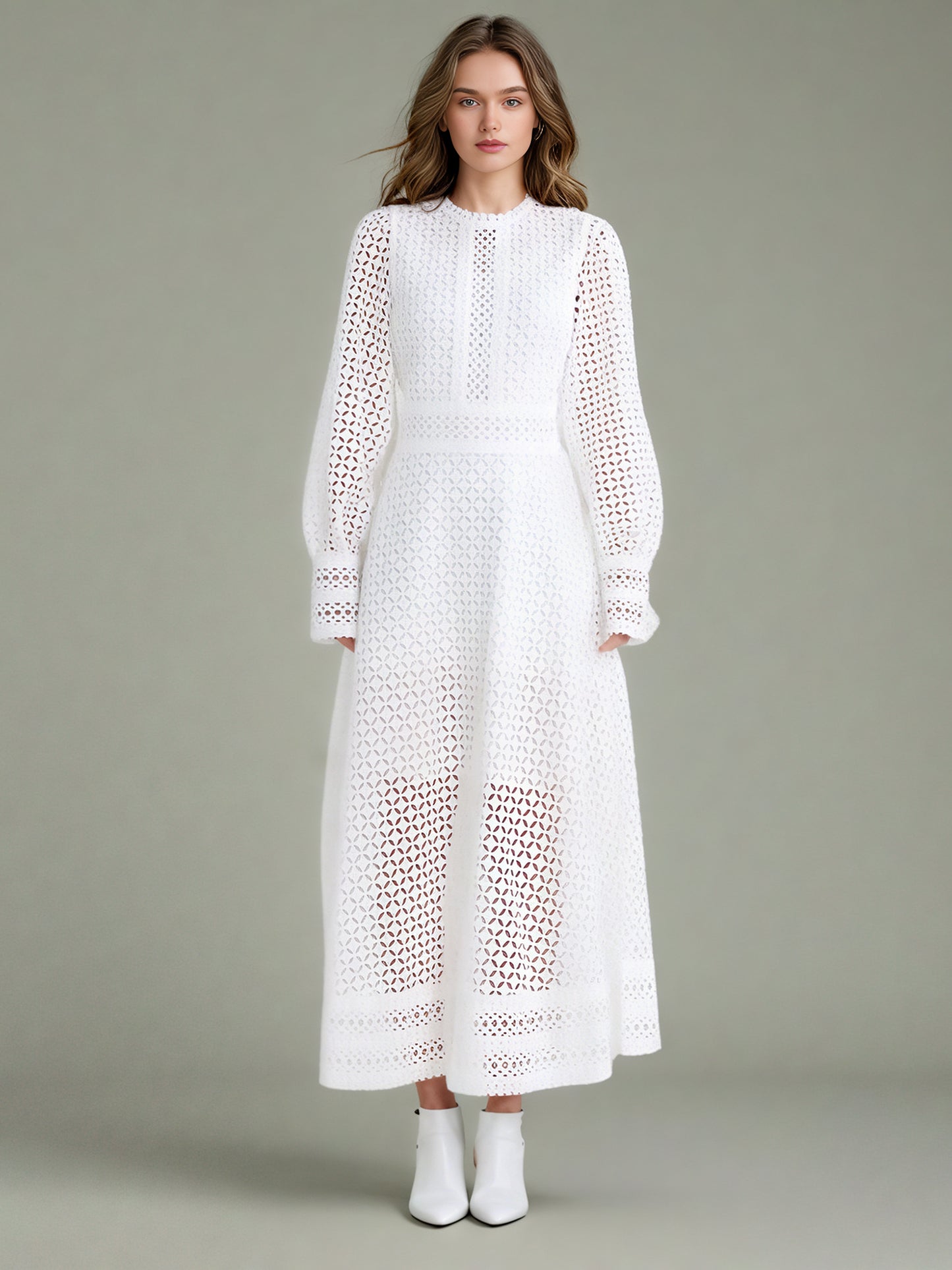 White Lace Hollow-Out Long Sleeve Midi Dress
