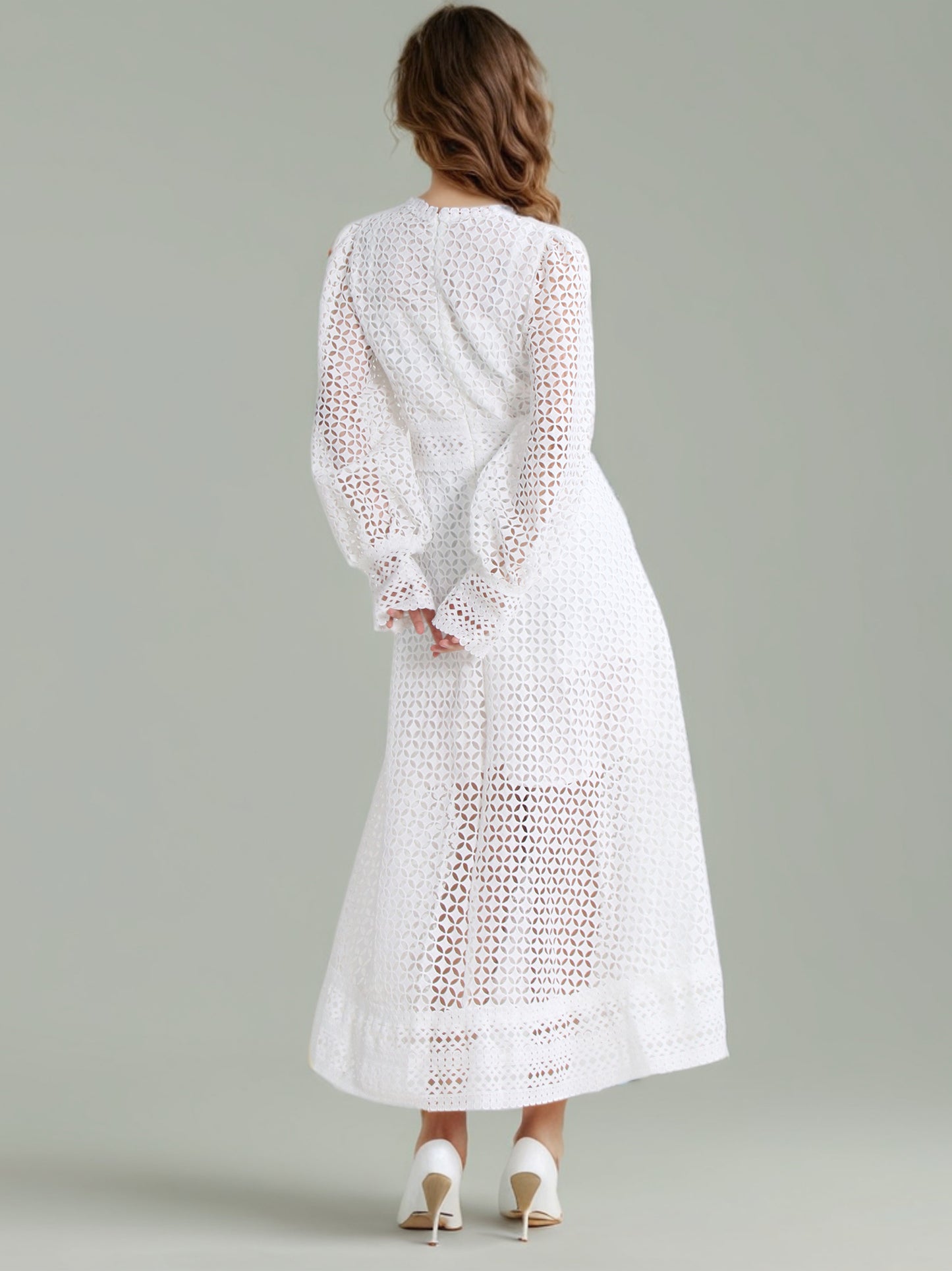 White Lace Hollow-Out Long Sleeve Midi Dress