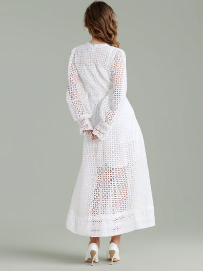 White Lace Hollow-Out Long Sleeve Midi Dress