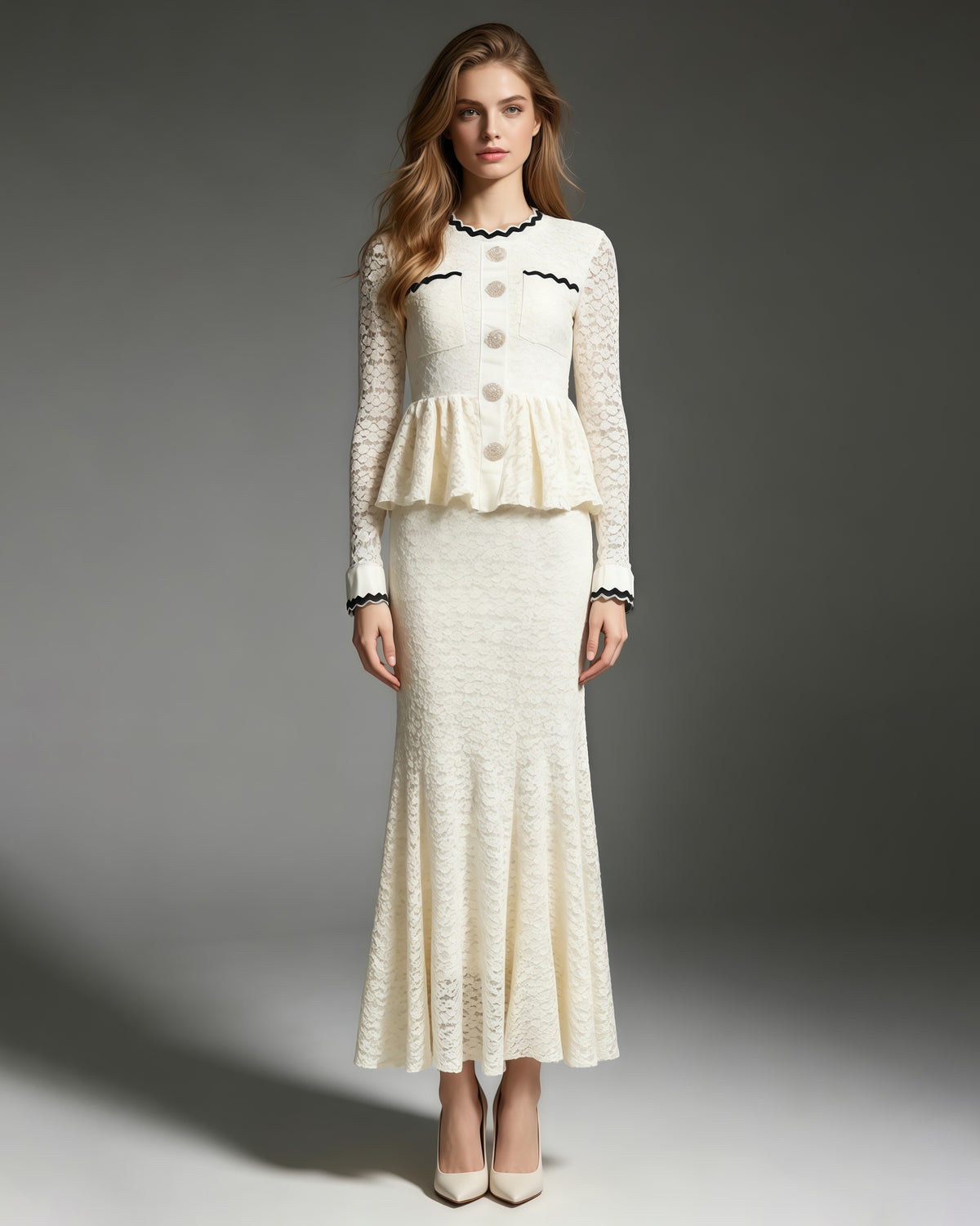 Apricot Lace Long Sleeve Mermaid Maxi Dress
