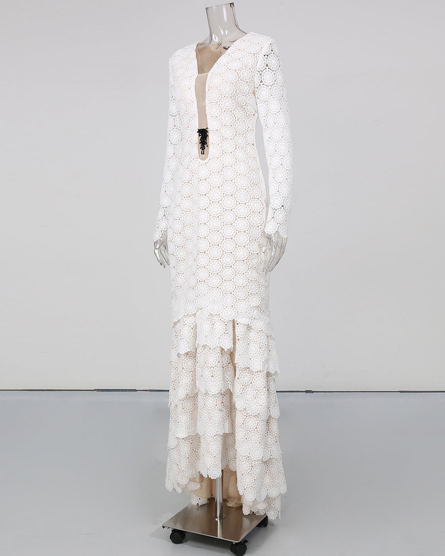 White Lace Long Sleeve Mermaid Maxi Dress