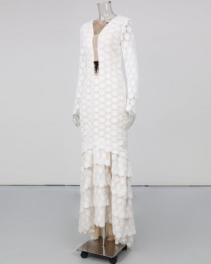 White Lace Long Sleeve Mermaid Maxi Dress