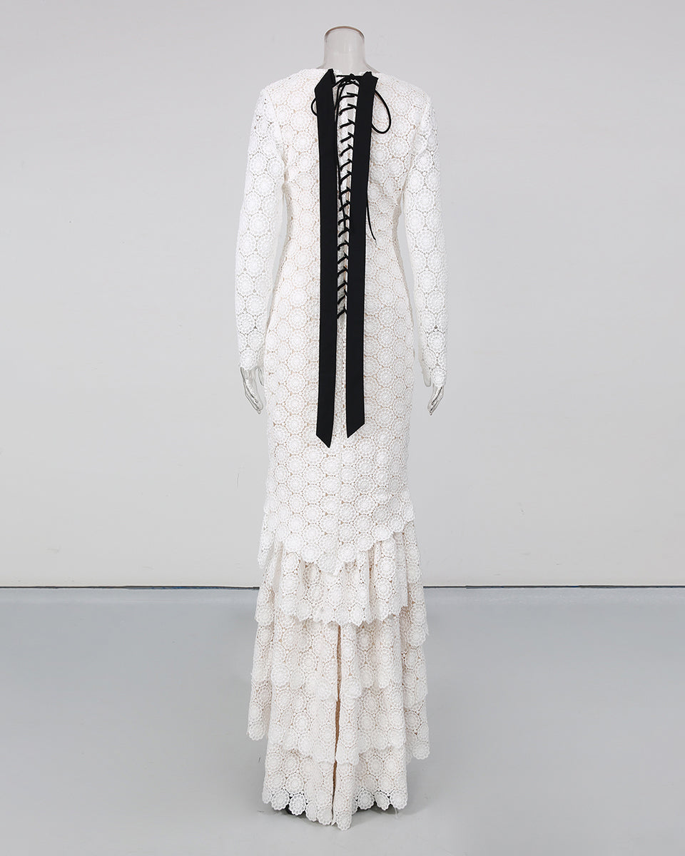 White Lace Long Sleeve Mermaid Maxi Dress