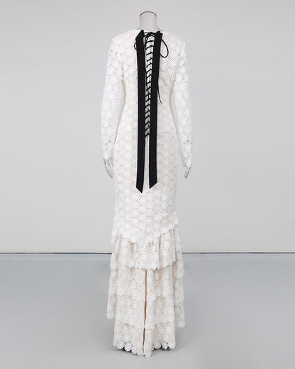 White Lace Long Sleeve Mermaid Maxi Dress