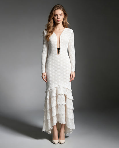 White Lace Long Sleeve Mermaid Maxi Dress