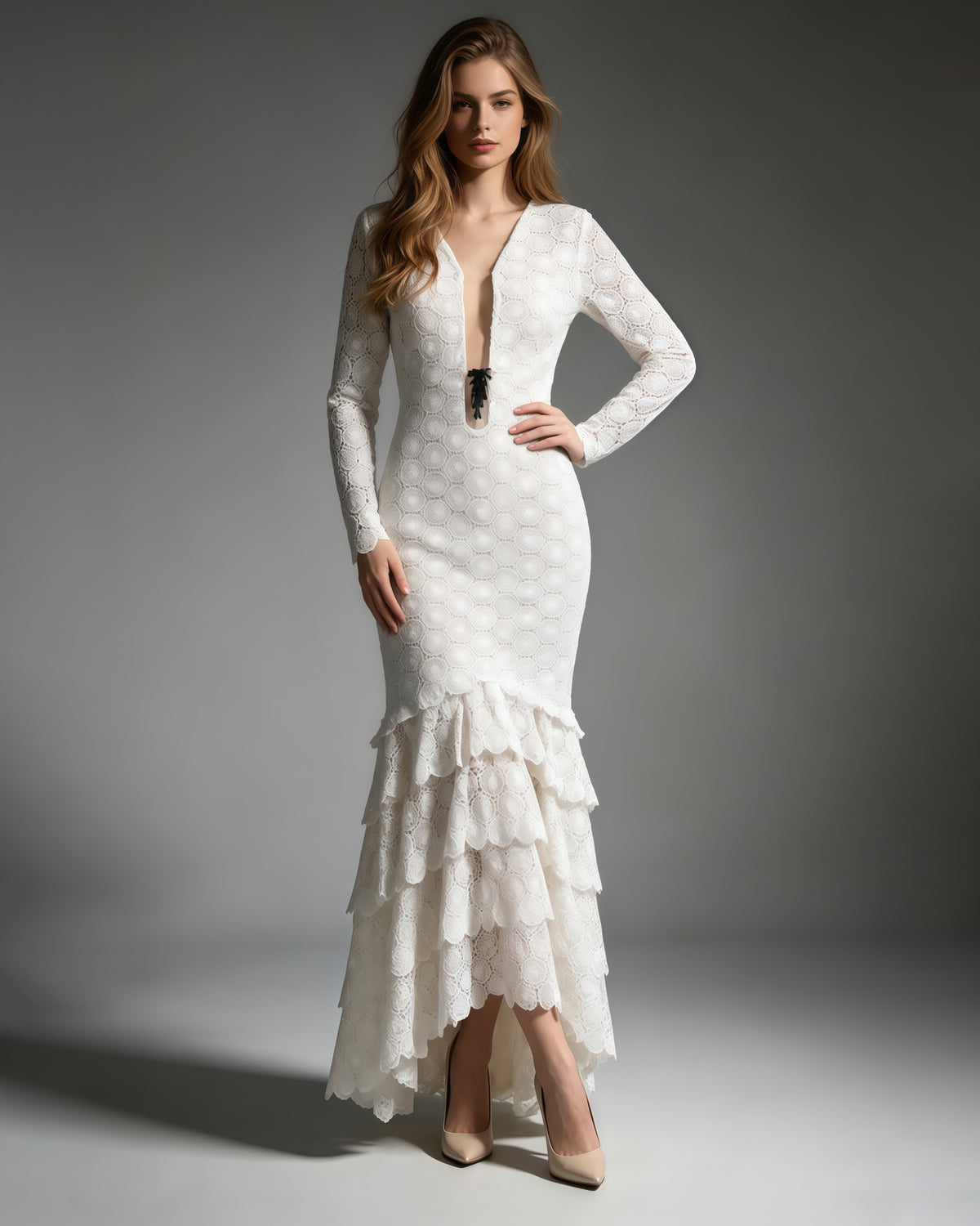 White Lace Long Sleeve Mermaid Maxi Dress