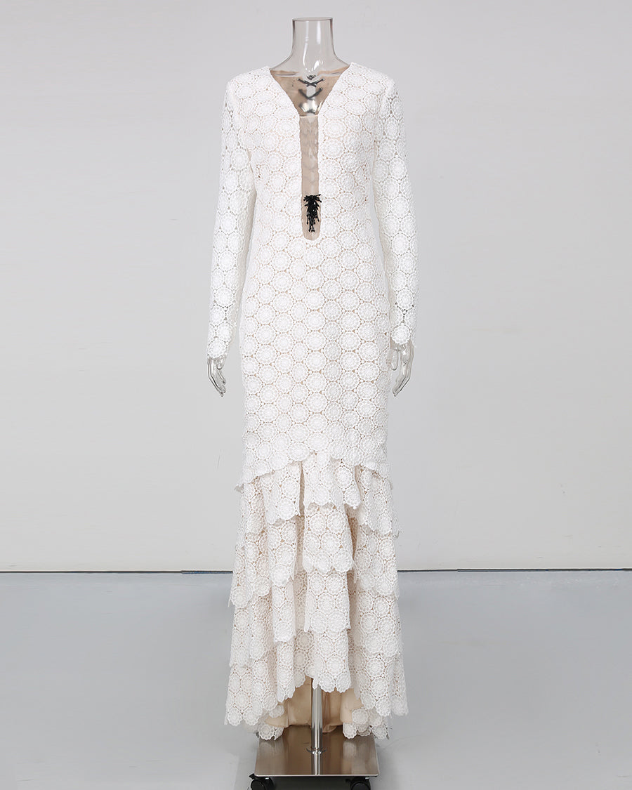 White Lace Long Sleeve Mermaid Maxi Dress