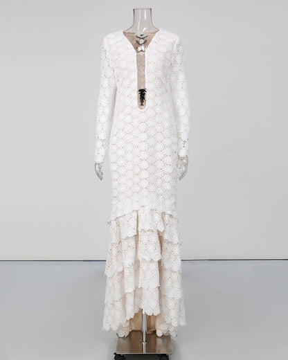 White Lace Long Sleeve Mermaid Maxi Dress