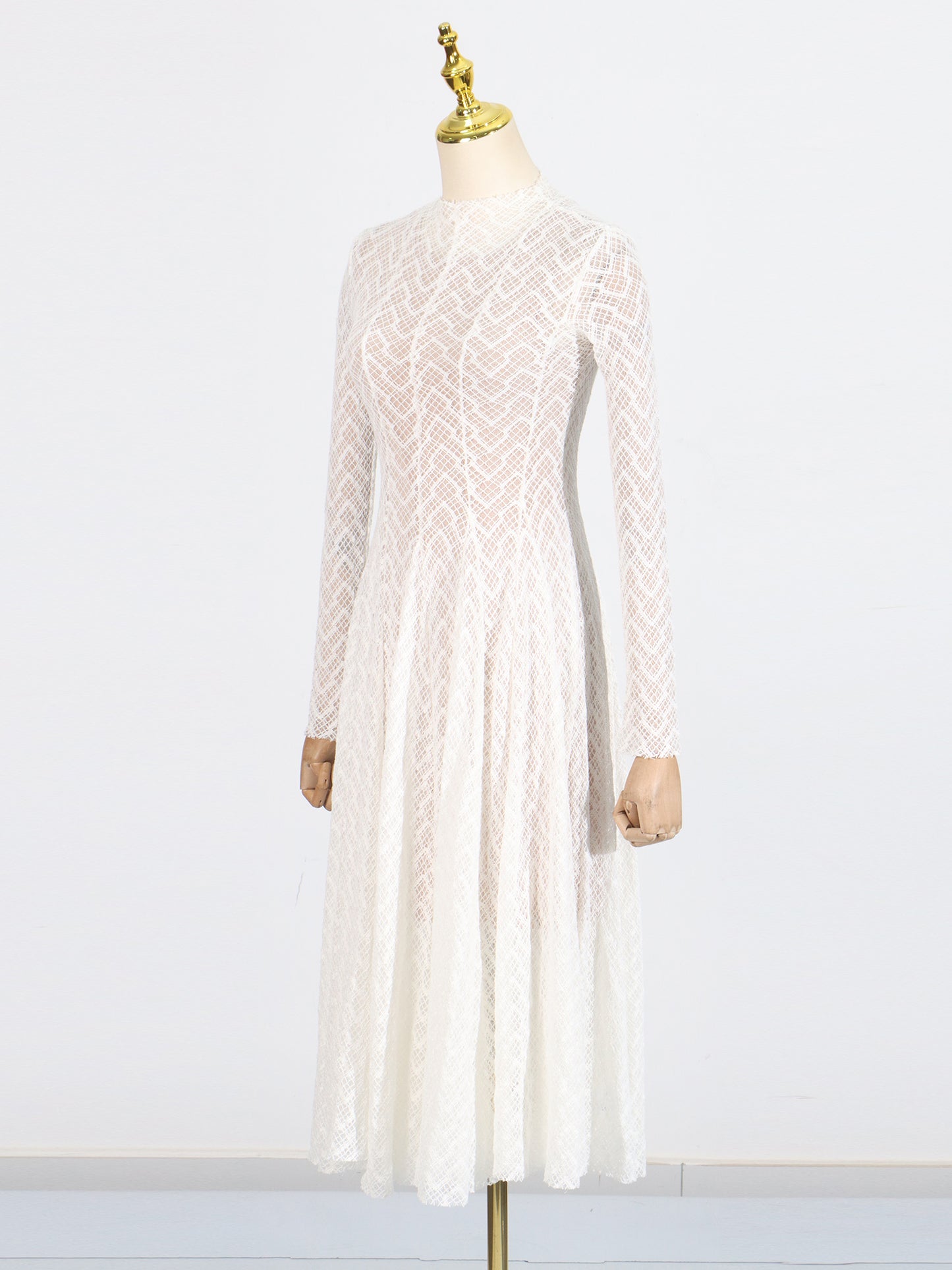 White Lace Maxi Dress with Long Sleeve & Sheer Design