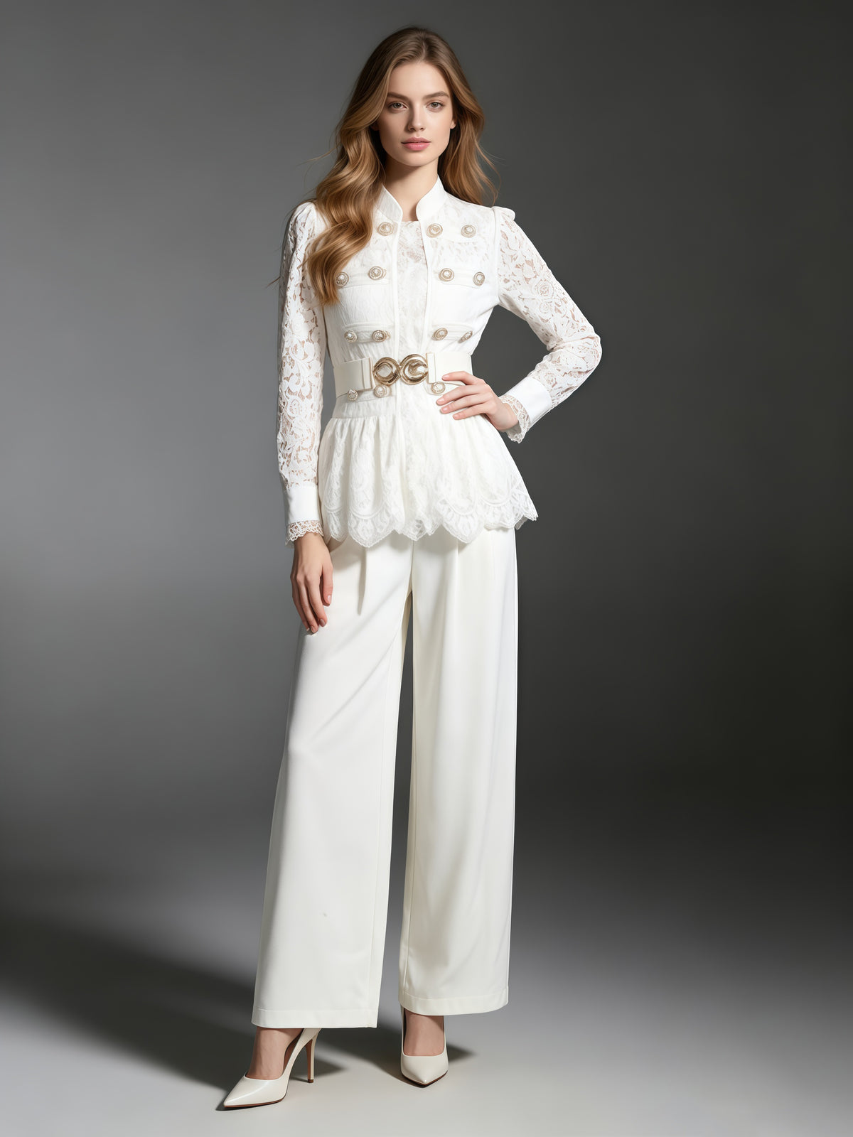 White Lace Military Top High-Waist Wide Leg Pants Set