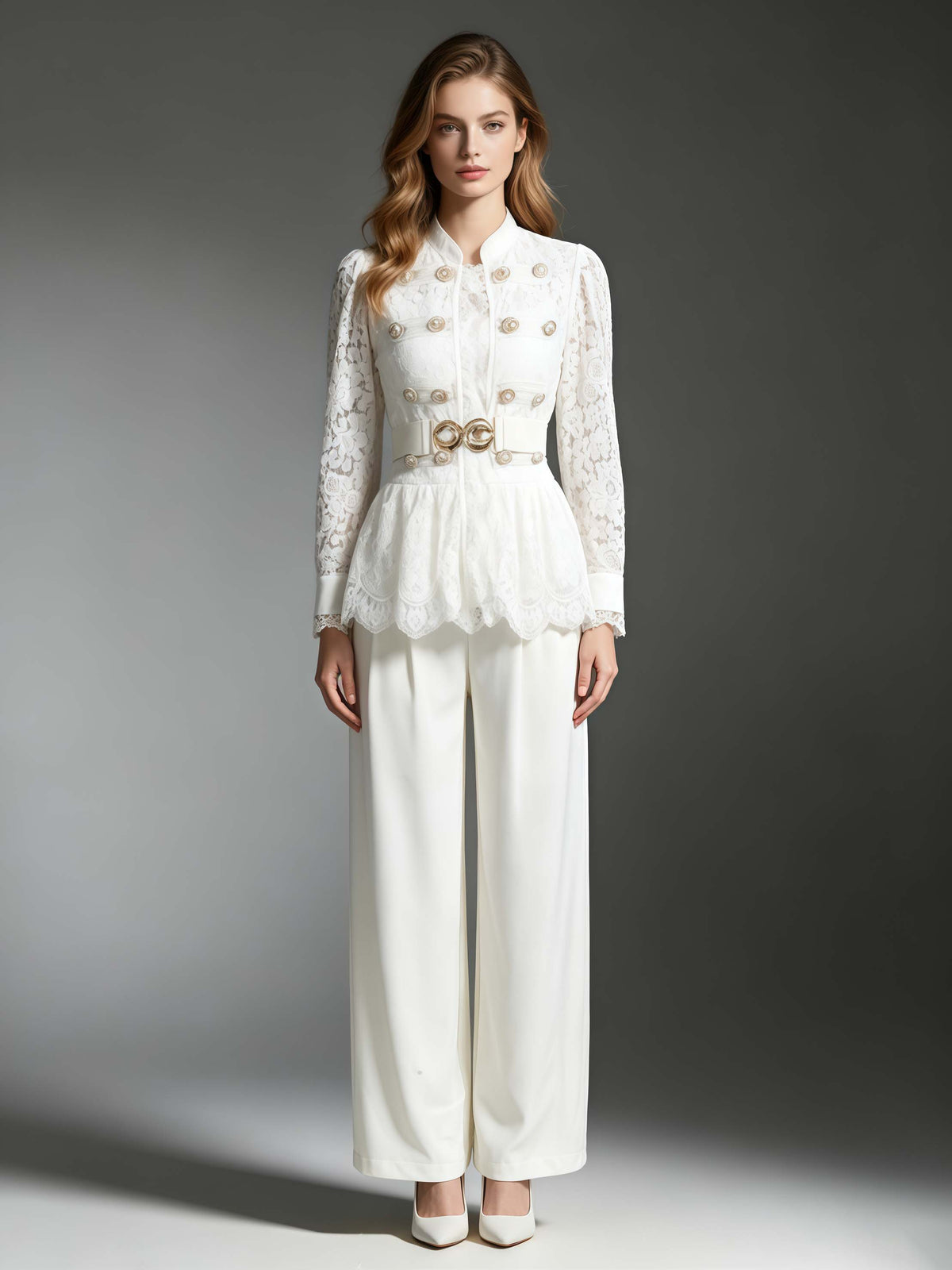 White Lace Military Top High-Waist Wide Leg Pants Set